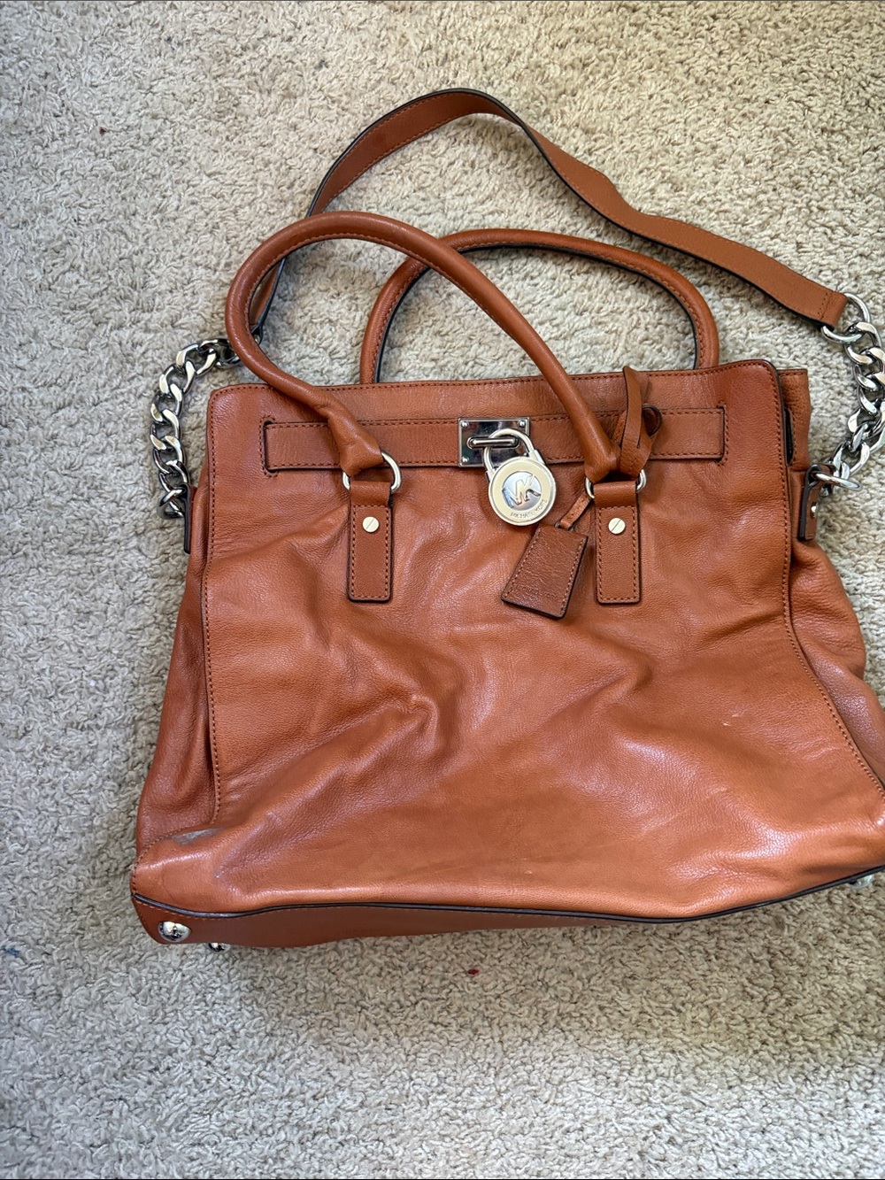Michael Kors Cognac Leather Shoulder Satchel with Chain Accent